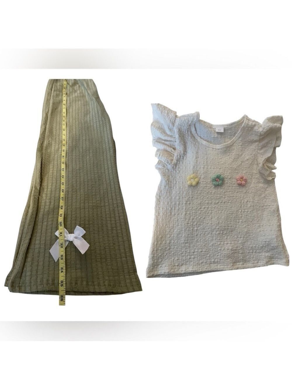 Girls White Ruffled Top and Green Pants Set